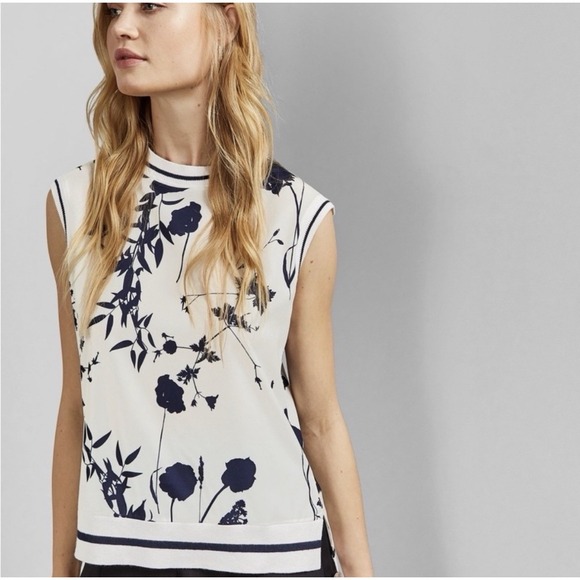 Ted Baker Miha Bluebell Floral Ribbed Trim Top. White. Sleeveless. Sz 2 - Picture 12 of 14
